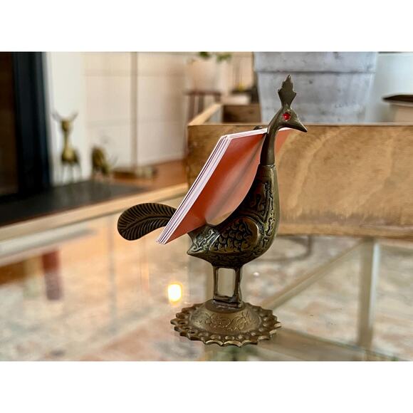 Vintage Solid Brass Peacock Figurine Etched Bird Card Holder Boho Animal Display - Picture 8 of 10